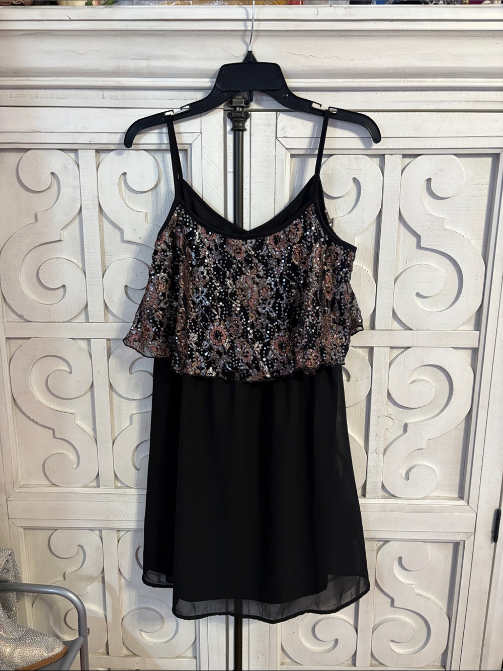 Black Sequin Overlay Spaghetti Strap Dress